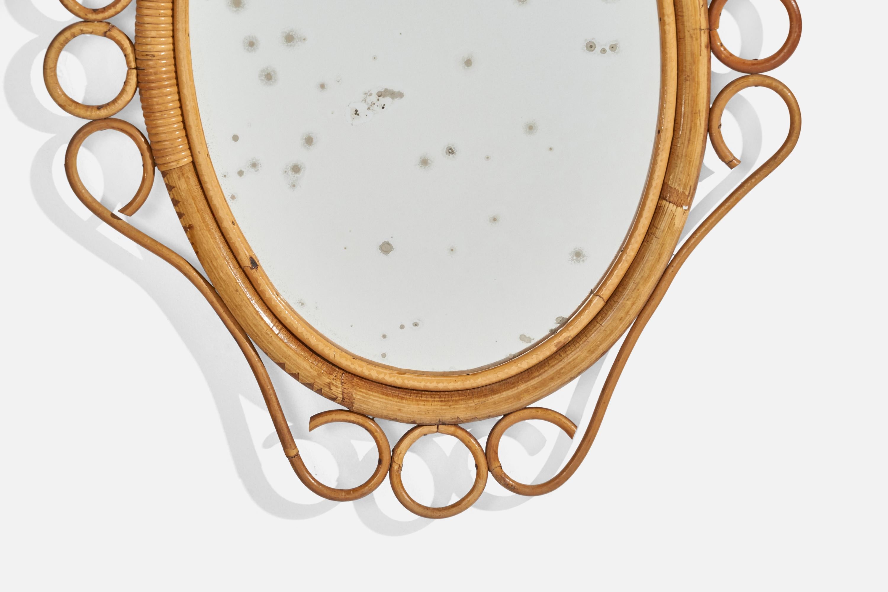 Italian Designer, Oval Wall Mirror, Bamboo, Rattan, Mirror, Italy, c. 1950s For Sale 1