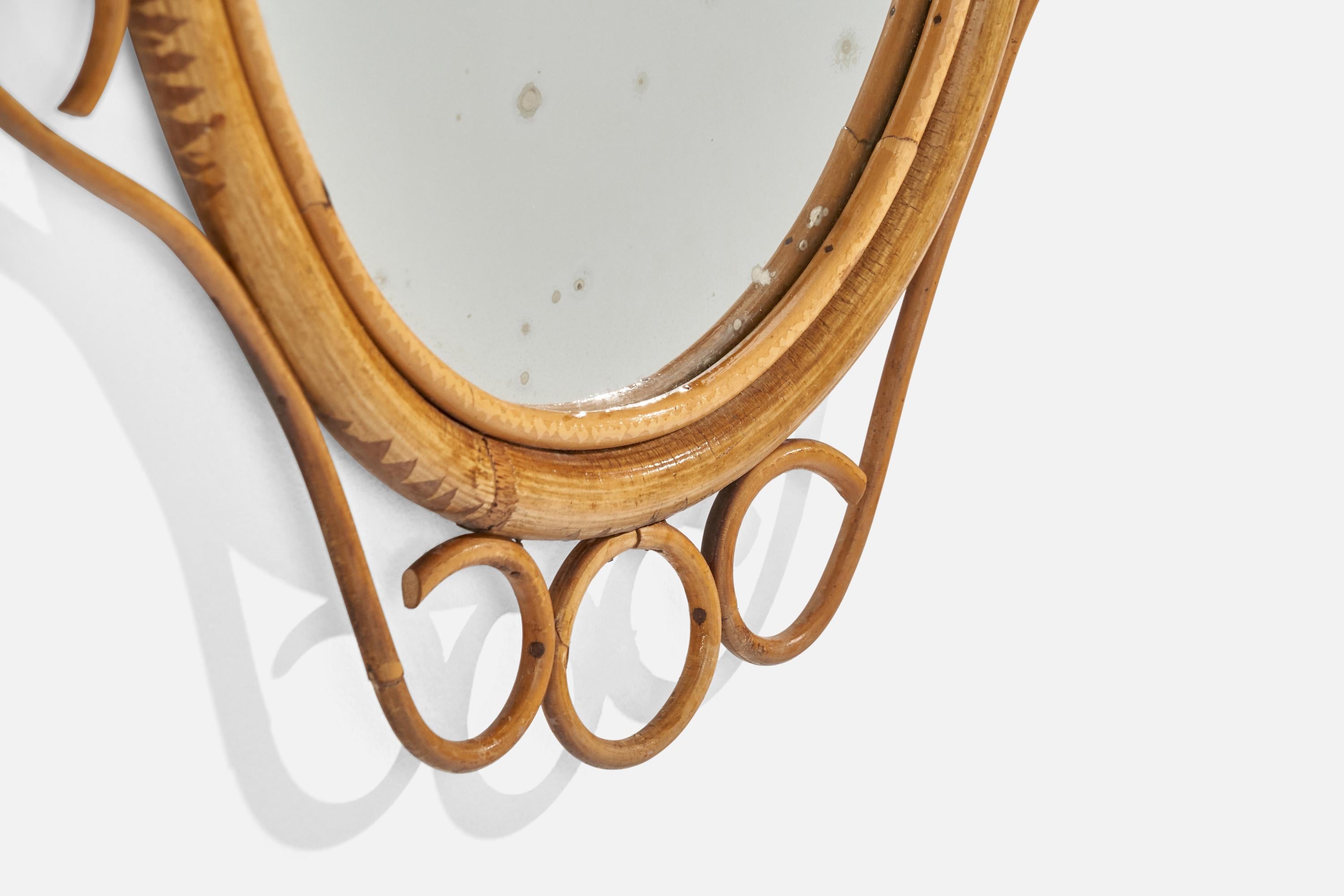 Italian Designer, Oval Wall Mirror, Bamboo, Rattan, Mirror, Italy, c. 1950s For Sale 2