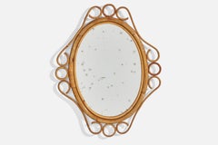 Diseñador italiano, Espejo de pared ovalado, Bambú, Ratán, Espejo, Italia, c. 1950