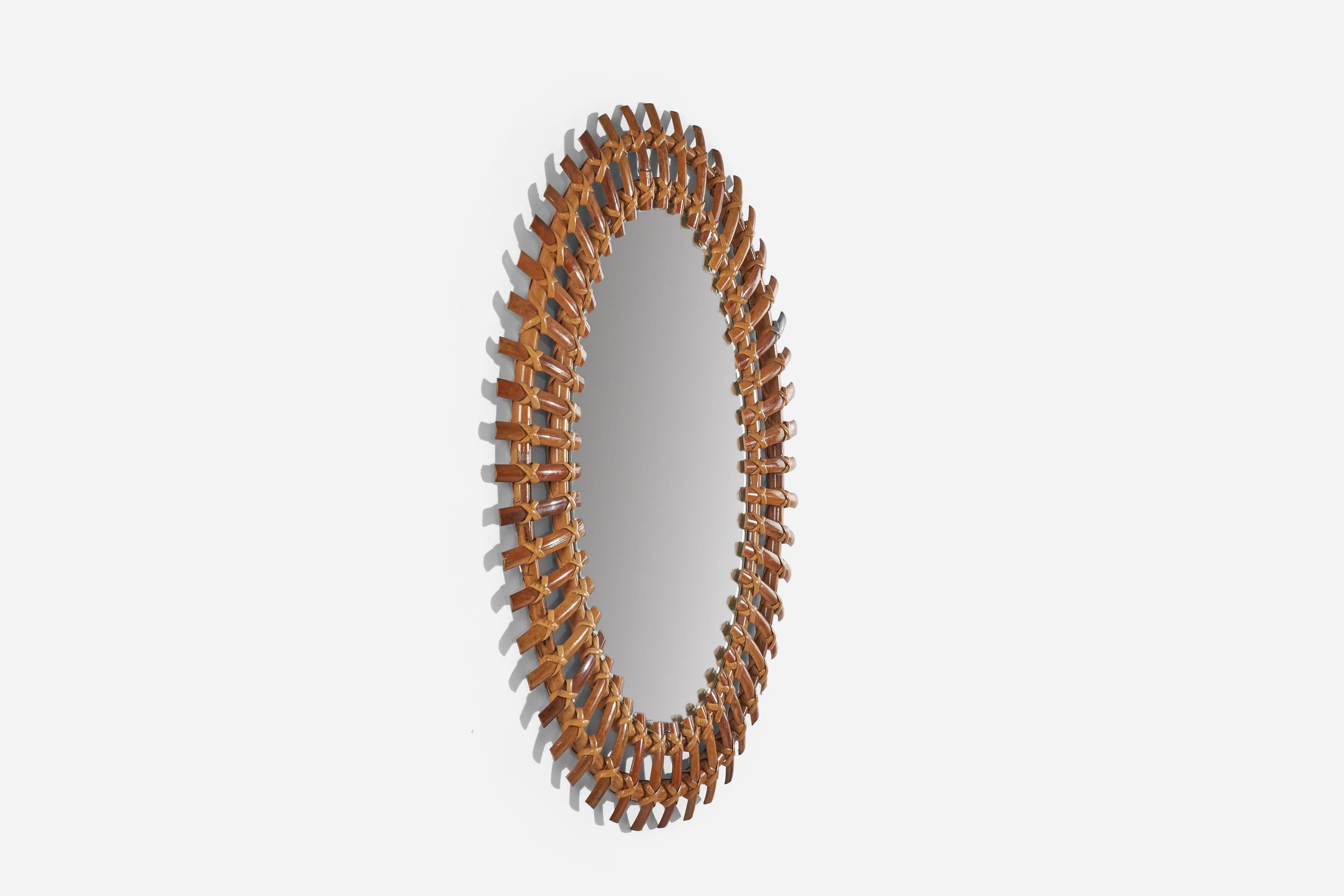 Mid-20th Century Italian Designer, Oval Wall Mirror, Rattan, Bamboo, Mirror, Italy, C. 1950s For Sale