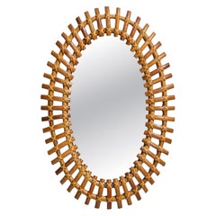 Italian Designer, Oval Wall Mirror, Rattan, Bamboo, Mirror, Italy, C. 1950s