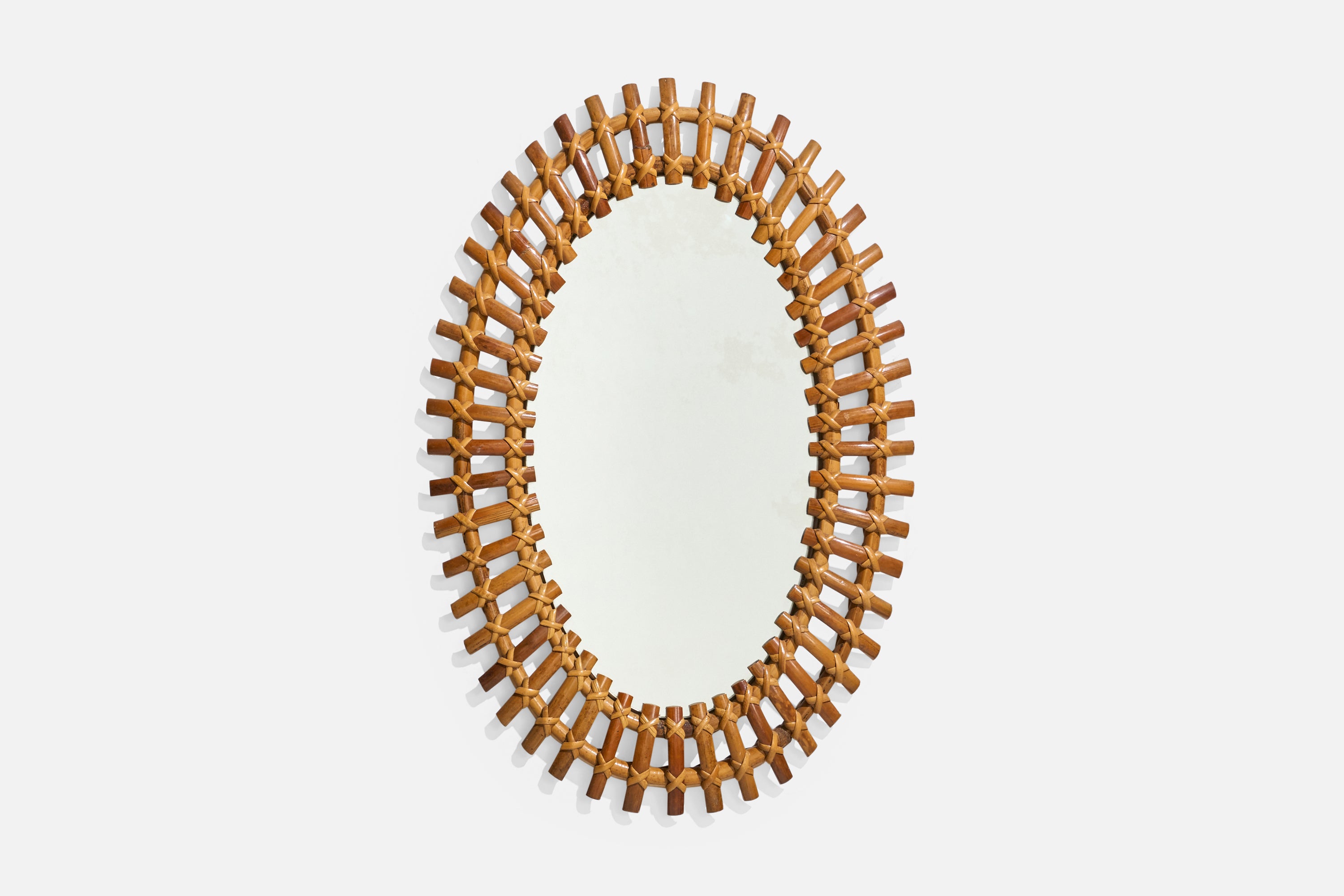 Diseñador italiano, Espejo de pared ovalado, Ratán, Bambú, Espejo, Italia, S. 1950
