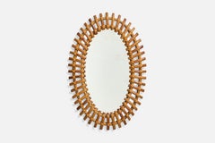 Italian Designer, Oval Wall Mirror, Rattan, Bamboo, Mirror, Italy, C. 1950s