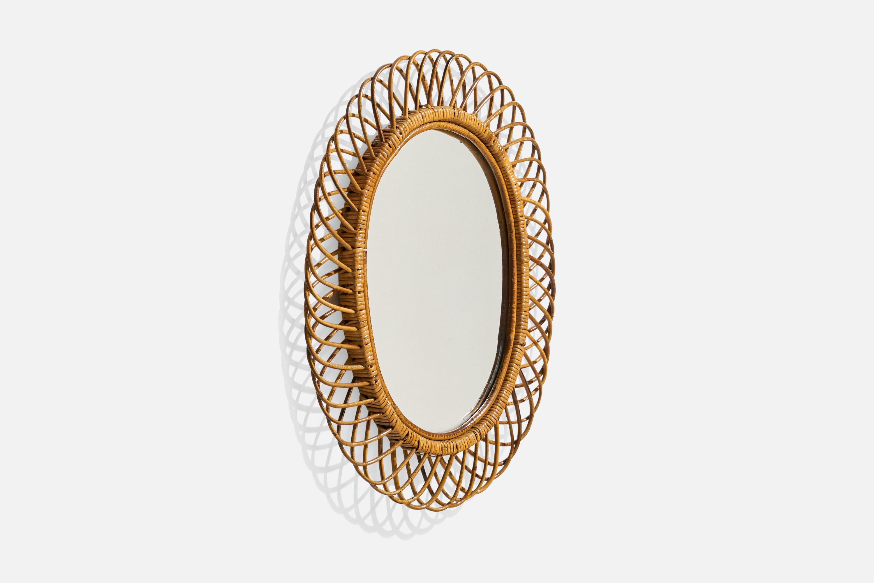 Mid-Century Modern Italian Designer, Oval Wall Mirror, Rattan, Mirror Glass, Italy, c. 1950s For Sale