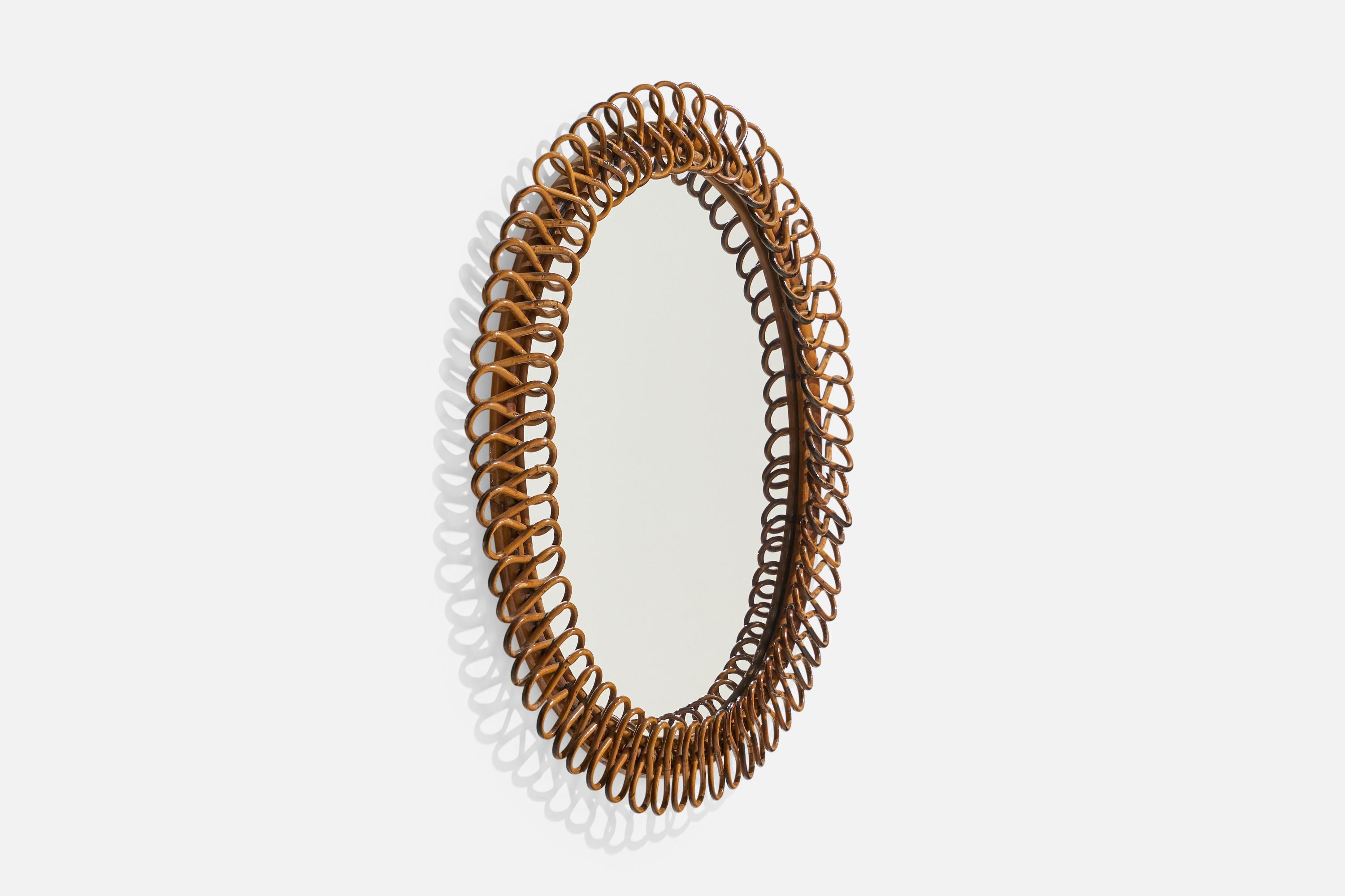 Mid-Century Modern Italian Designer, Oval Wall Mirror, Rattan, Mirror Glass, Italy, c. 1950s For Sale