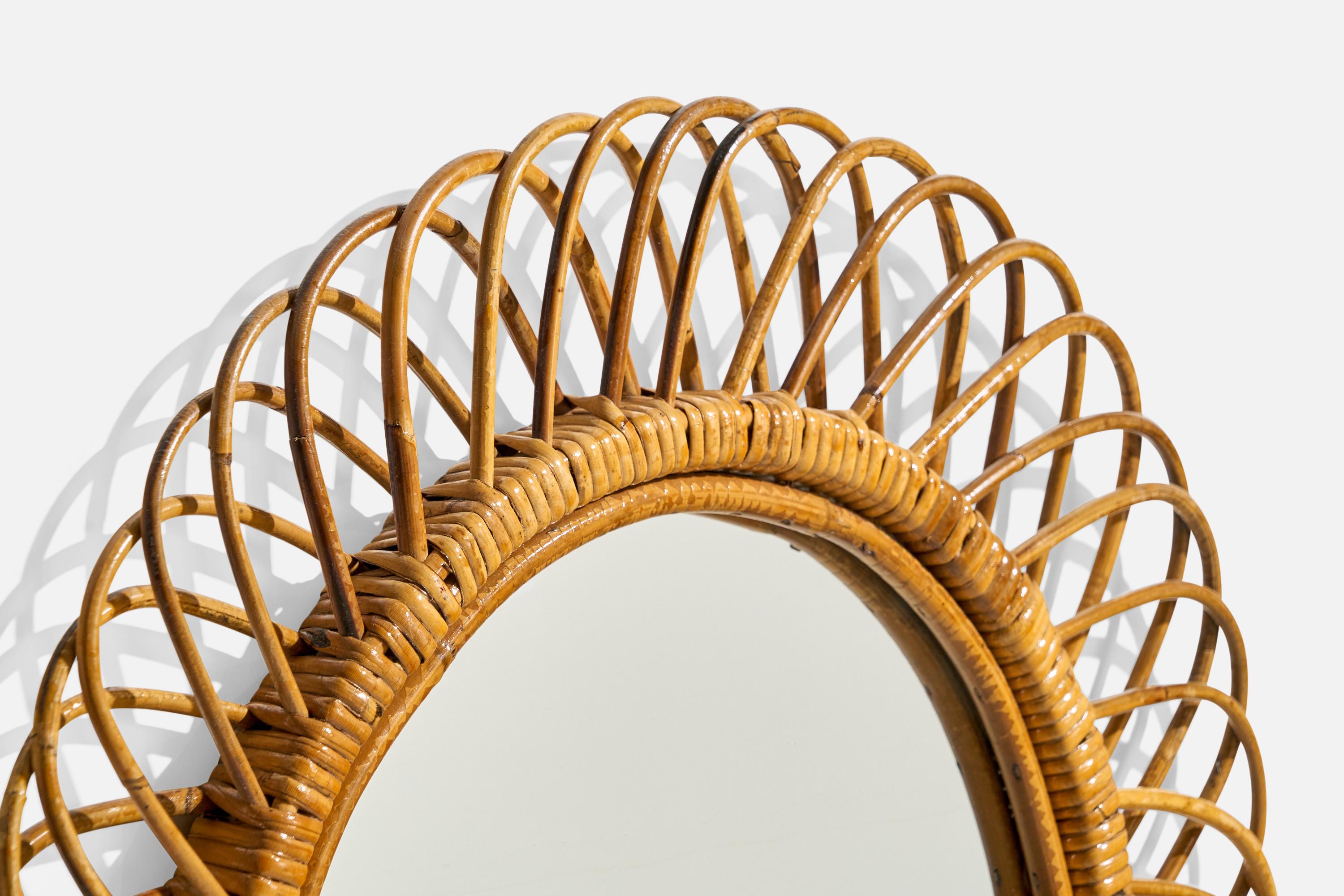Italian Designer, Oval Wall Mirror, Rattan, Mirror Glass, Italy, c. 1950s In Good Condition For Sale In High Point, NC