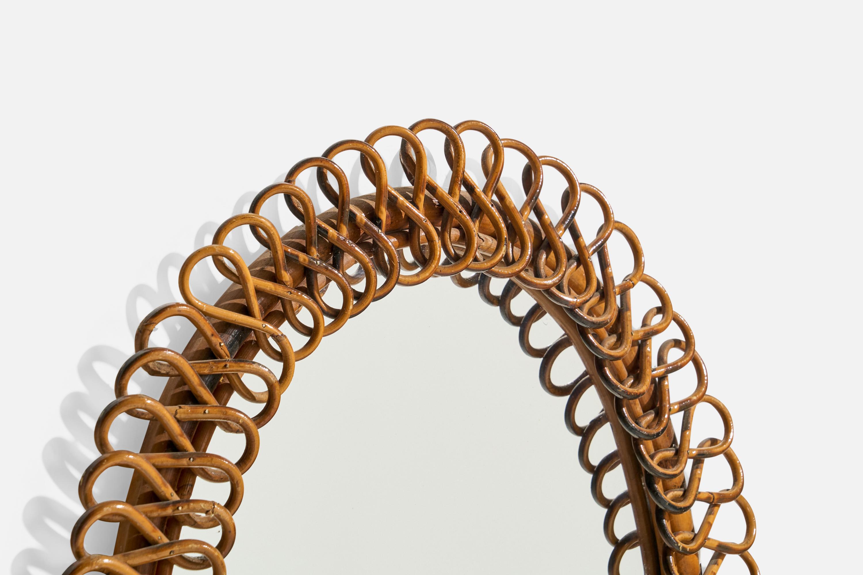 Italian Designer, Oval Wall Mirror, Rattan, Mirror Glass, Italy, c. 1950s In Good Condition For Sale In High Point, NC