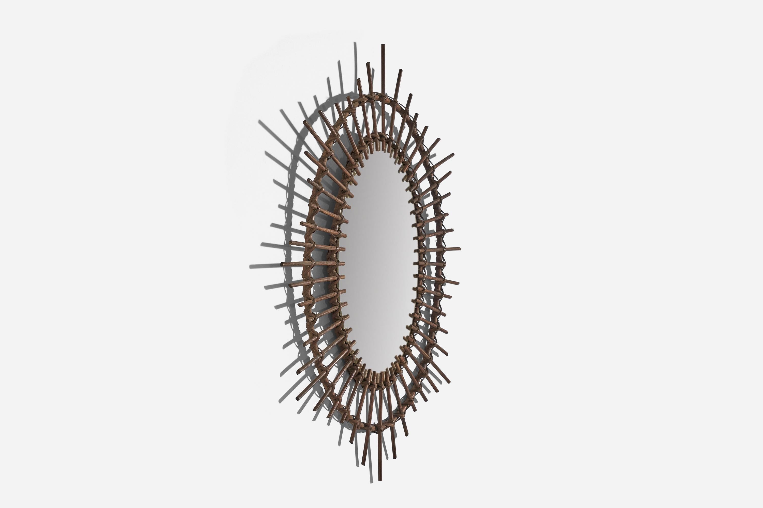 Mid-20th Century Italian Designer, Oval Wall Mirror, Rattan, Mirror Glass, Italy, c. 1950s For Sale