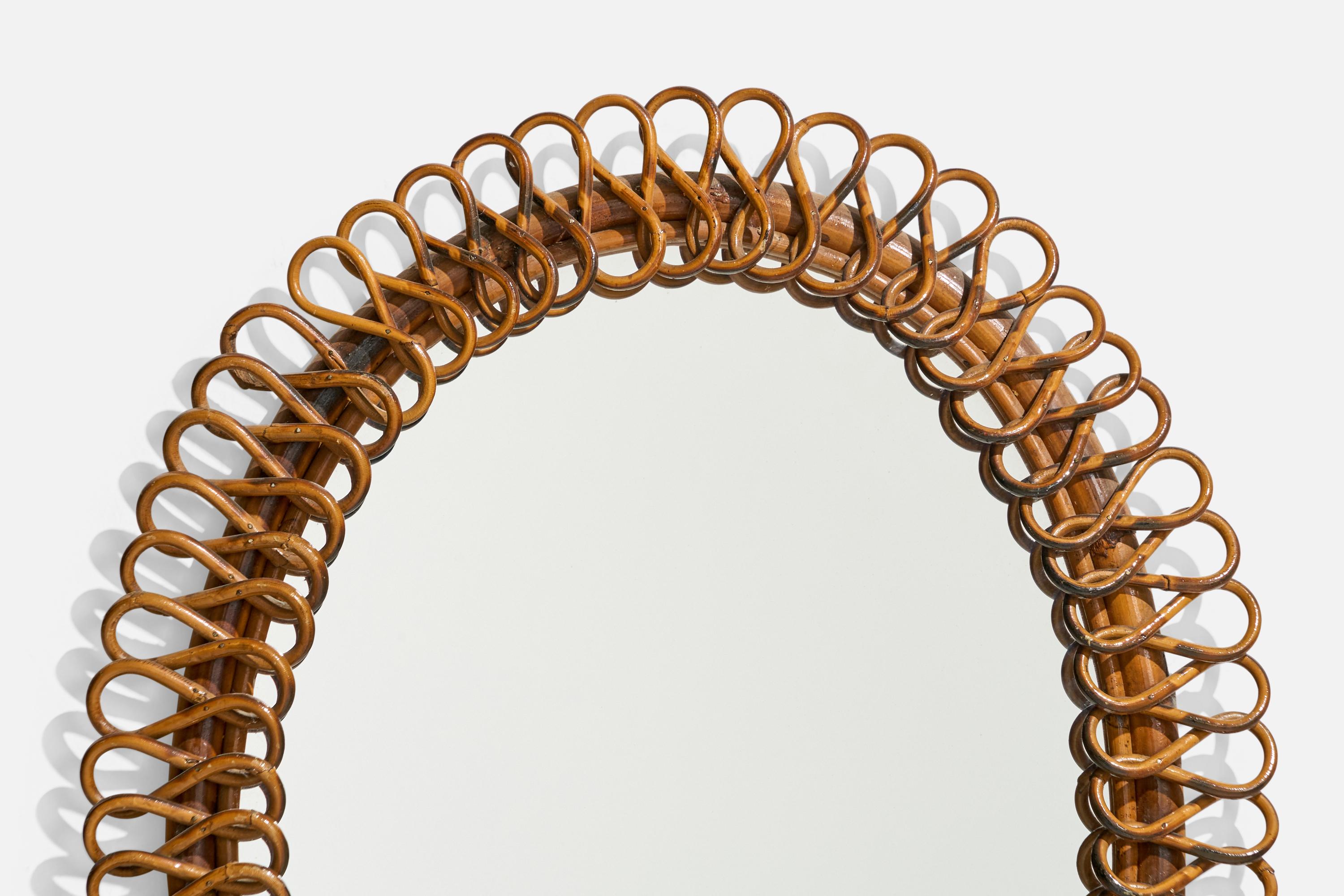 Mid-20th Century Italian Designer, Oval Wall Mirror, Rattan, Mirror Glass, Italy, c. 1950s For Sale
