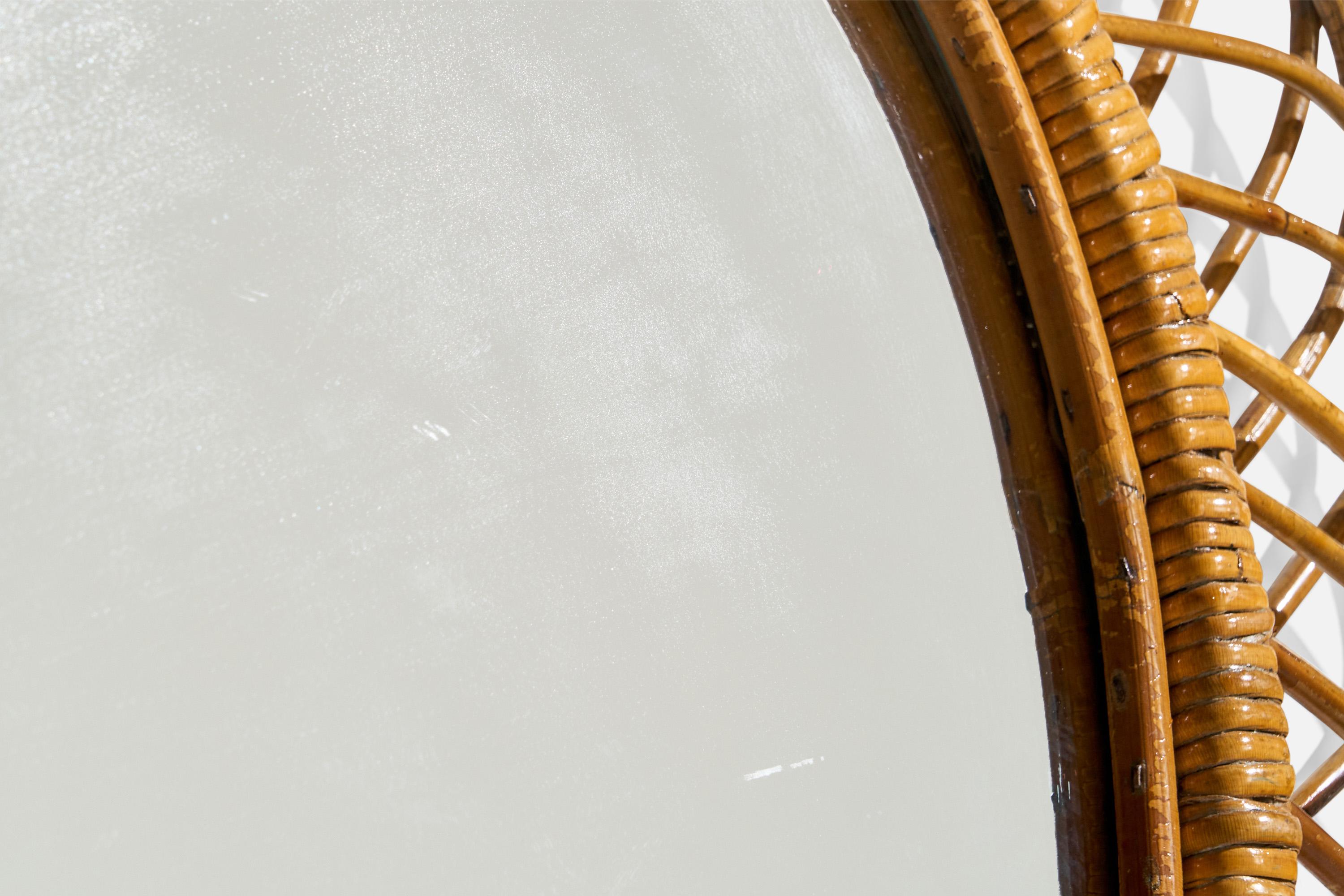 Italian Designer, Oval Wall Mirror, Rattan, Mirror Glass, Italy, c. 1950s For Sale 1