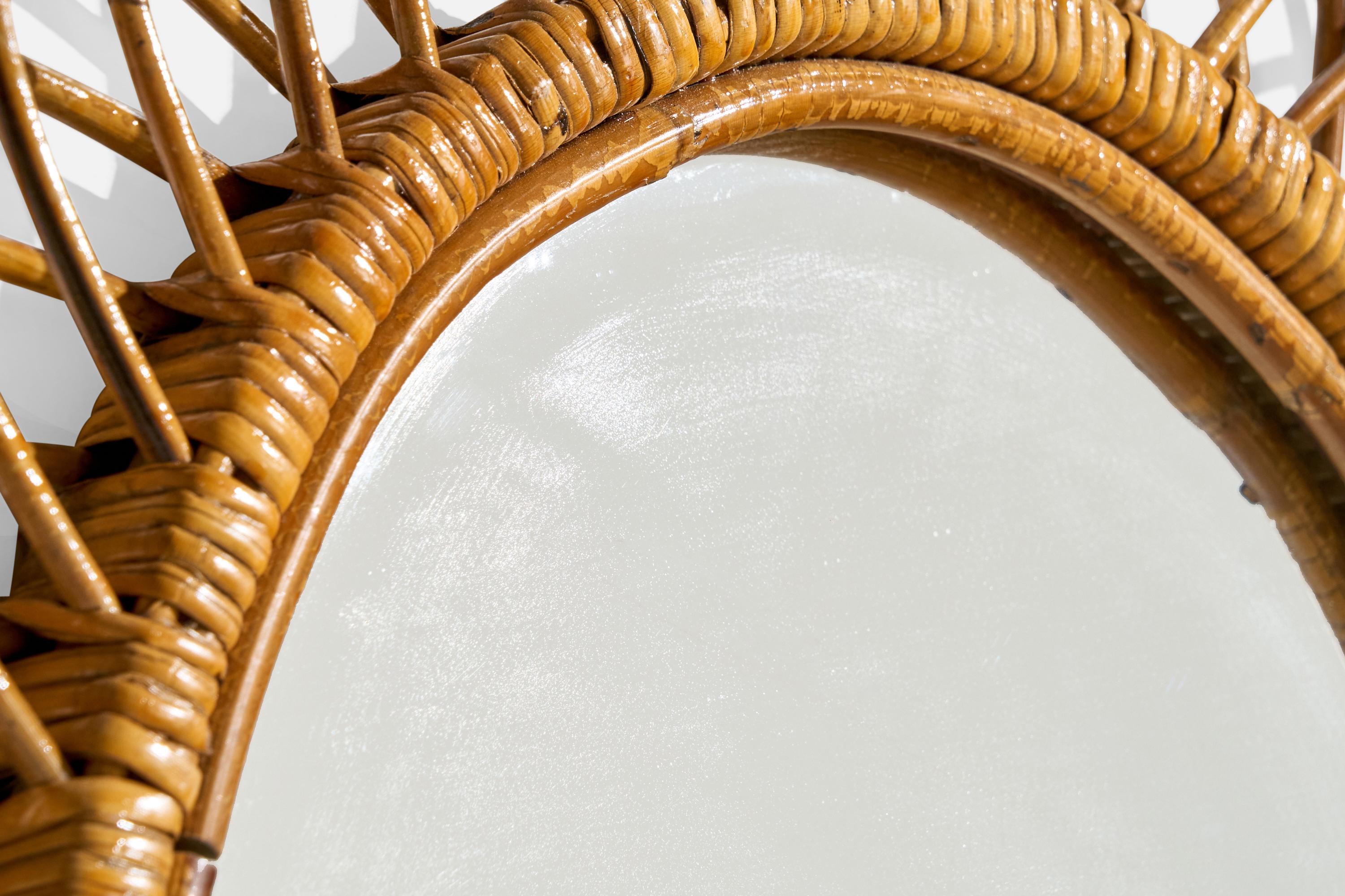 Italian Designer, Oval Wall Mirror, Rattan, Mirror Glass, Italy, c. 1950s For Sale 2