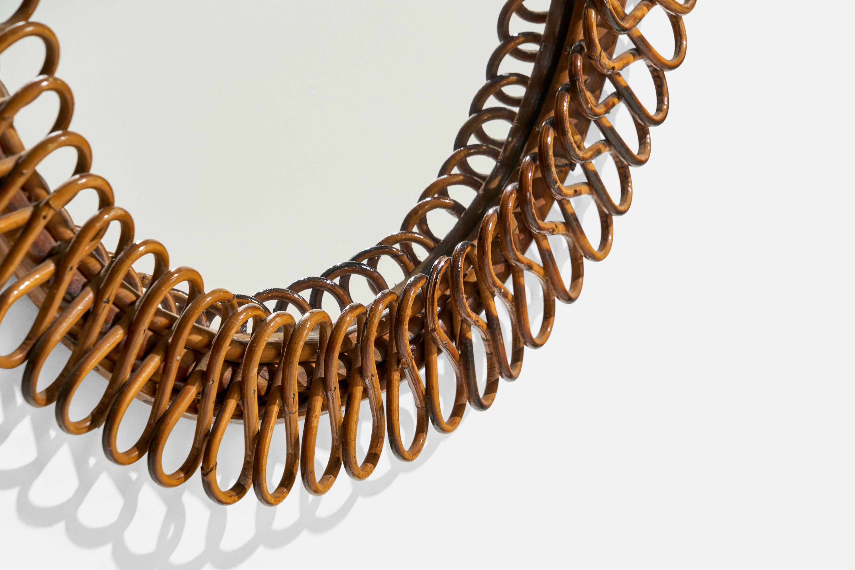 Italian Designer, Oval Wall Mirror, Rattan, Mirror Glass, Italy, c. 1950s For Sale 2