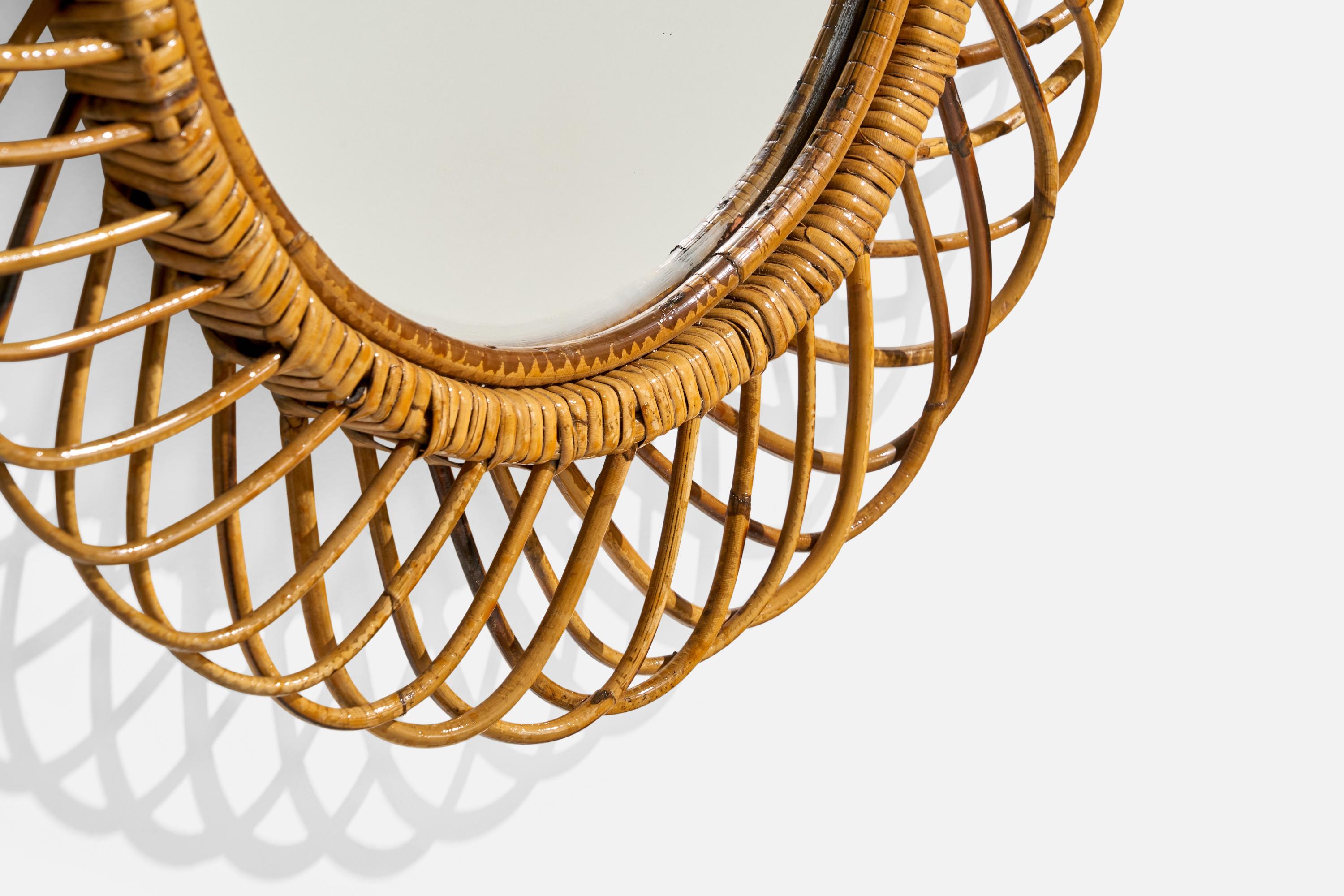 Italian Designer, Oval Wall Mirror, Rattan, Mirror Glass, Italy, c. 1950s For Sale 4
