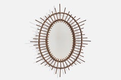 Italian Designer, Oval Wall Mirror, Rattan, Mirror Glass, Italy, c. 1950s
