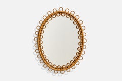 Italian Designer, Oval Wall Mirror, Rattan, Mirror Glass, Italy, C. 1950s