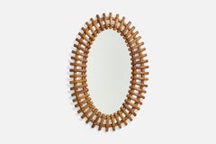 Italian Designer, Oval Wall Mirror, Rattan, Mirror Glass, Italy, c. 1950s