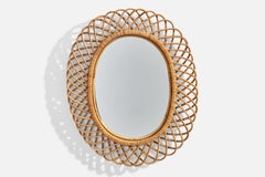 Italian Designer, Oval Wall Mirror, Rattan, Mirror Glass, Italy, c. 1950s