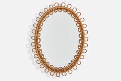 Italian Designer, Oval Wall Mirror, Rattan, Mirror Glass, Italy, C. 1950s