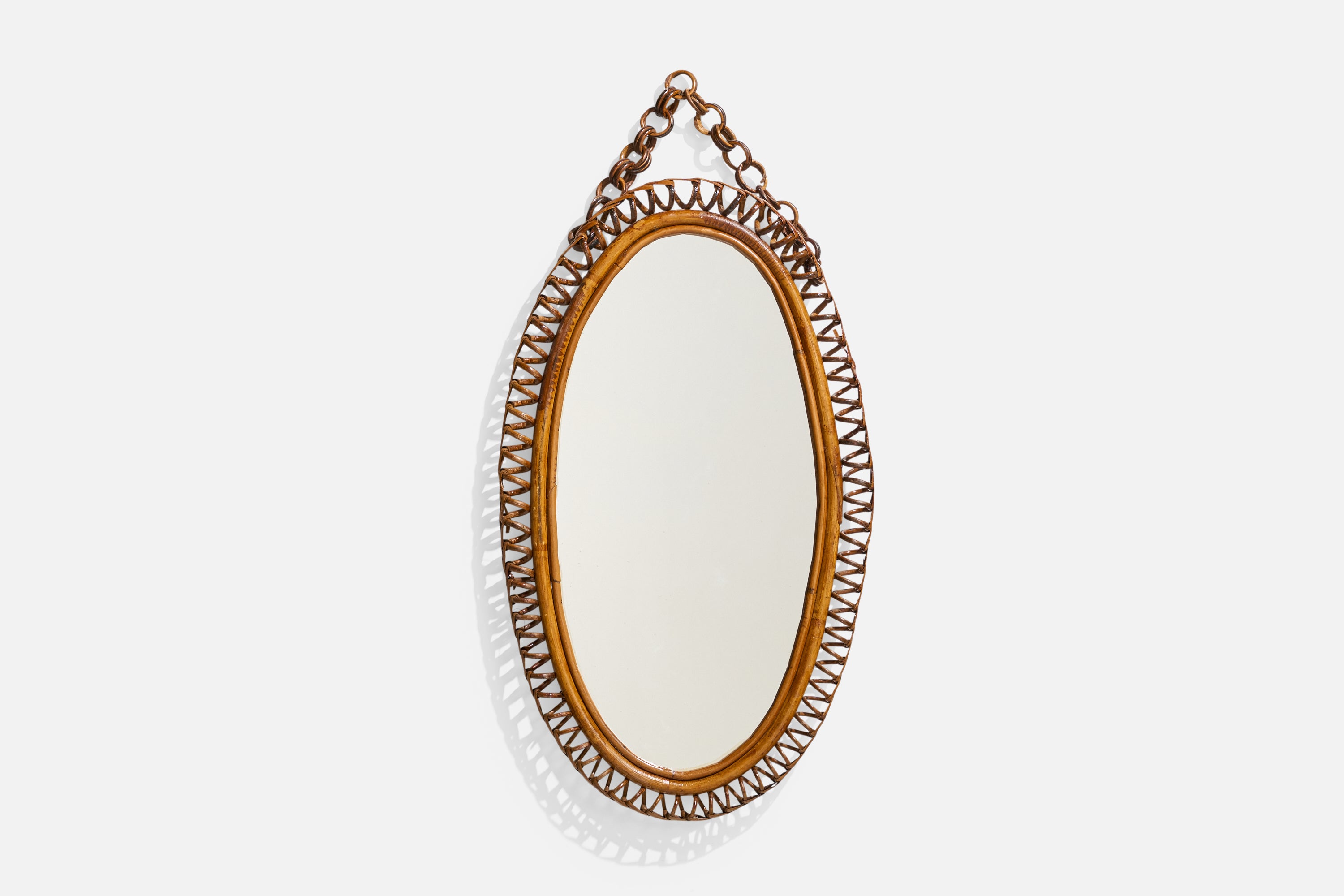 Italian Designer, Oval Wall Mirror, Rattan, Mirror Glass, Italy, C. 1950s