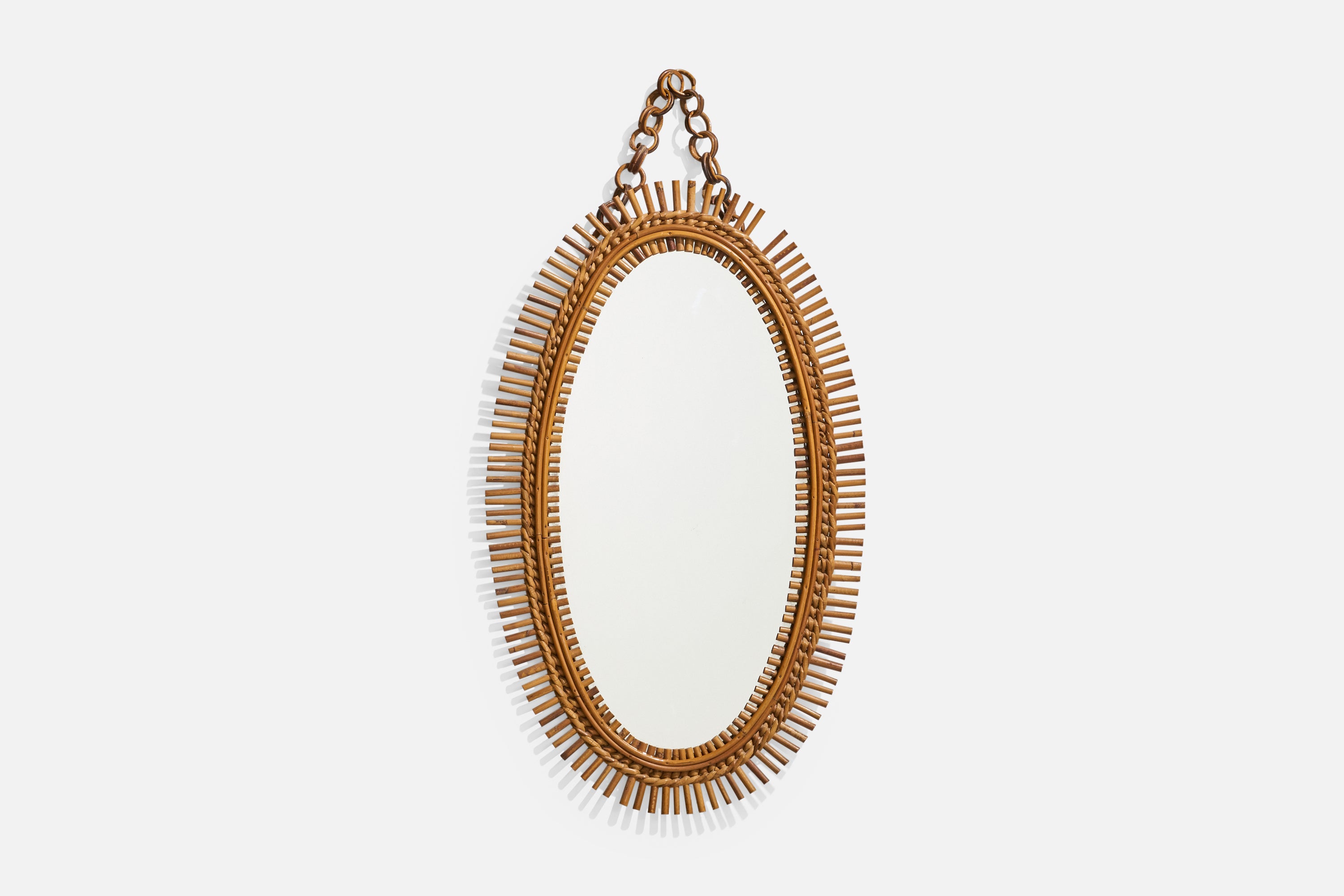 Italian Designer, Oval Wall Mirror, Rattan, Mirror Glass, Italy, c. 1950s