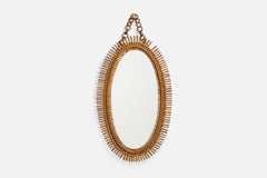 Italian Designer, Oval Wall Mirror, Rattan, Mirror Glass, Italy, c. 1950s