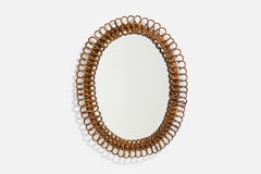 Italienischer italienischer Designer, ovaler Wandspiegel, Rattan, Spiegelglas, Italien, ca. 1950er Jahre