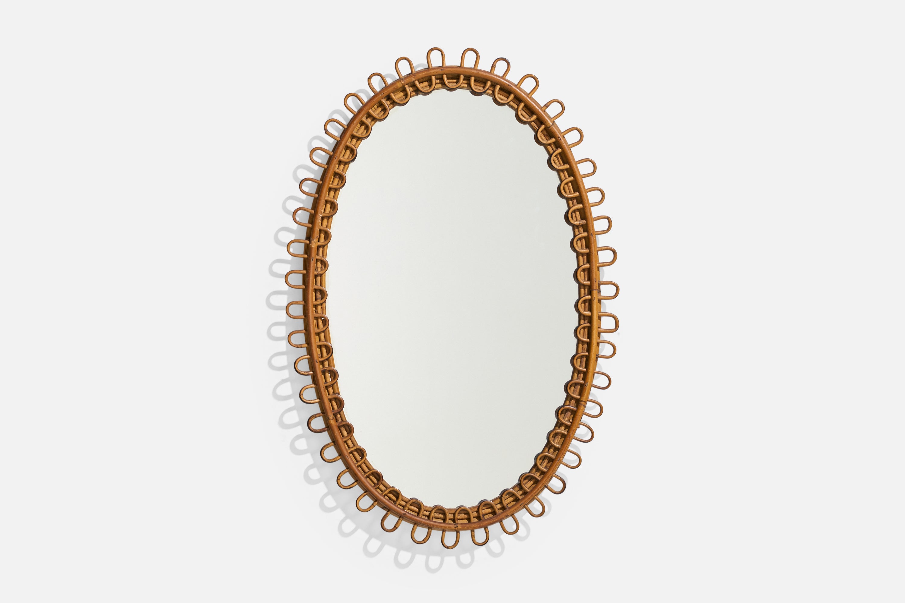 Italian Designer, Oval Wall Mirror, Rattan, Mirror Glass, Italy, c. 1950s