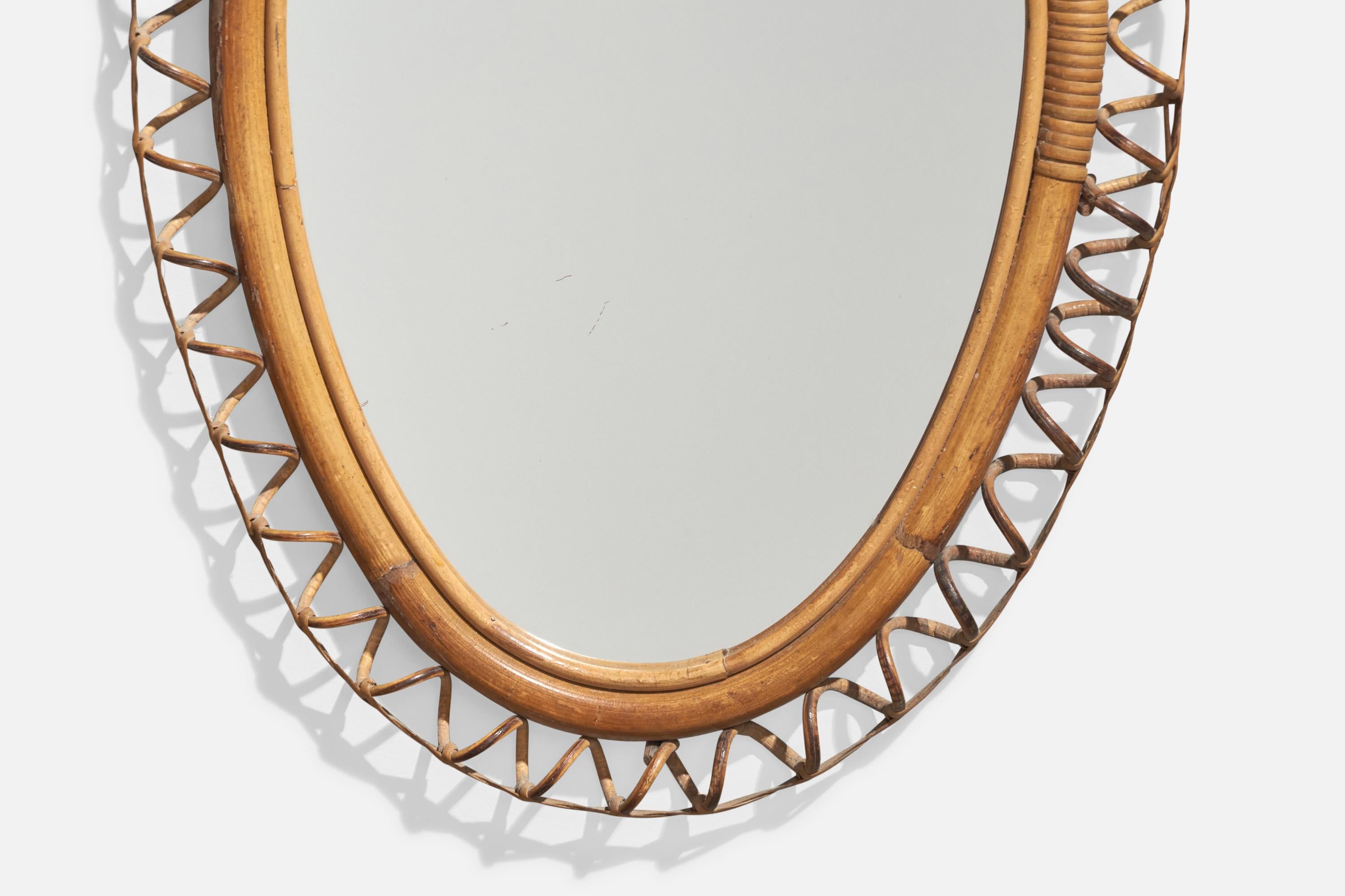 Italienischer Designer, Ovaler Wandspiegel, Rattan, Spiegel, Italien, ca. 1950er Jahre im Angebot 2