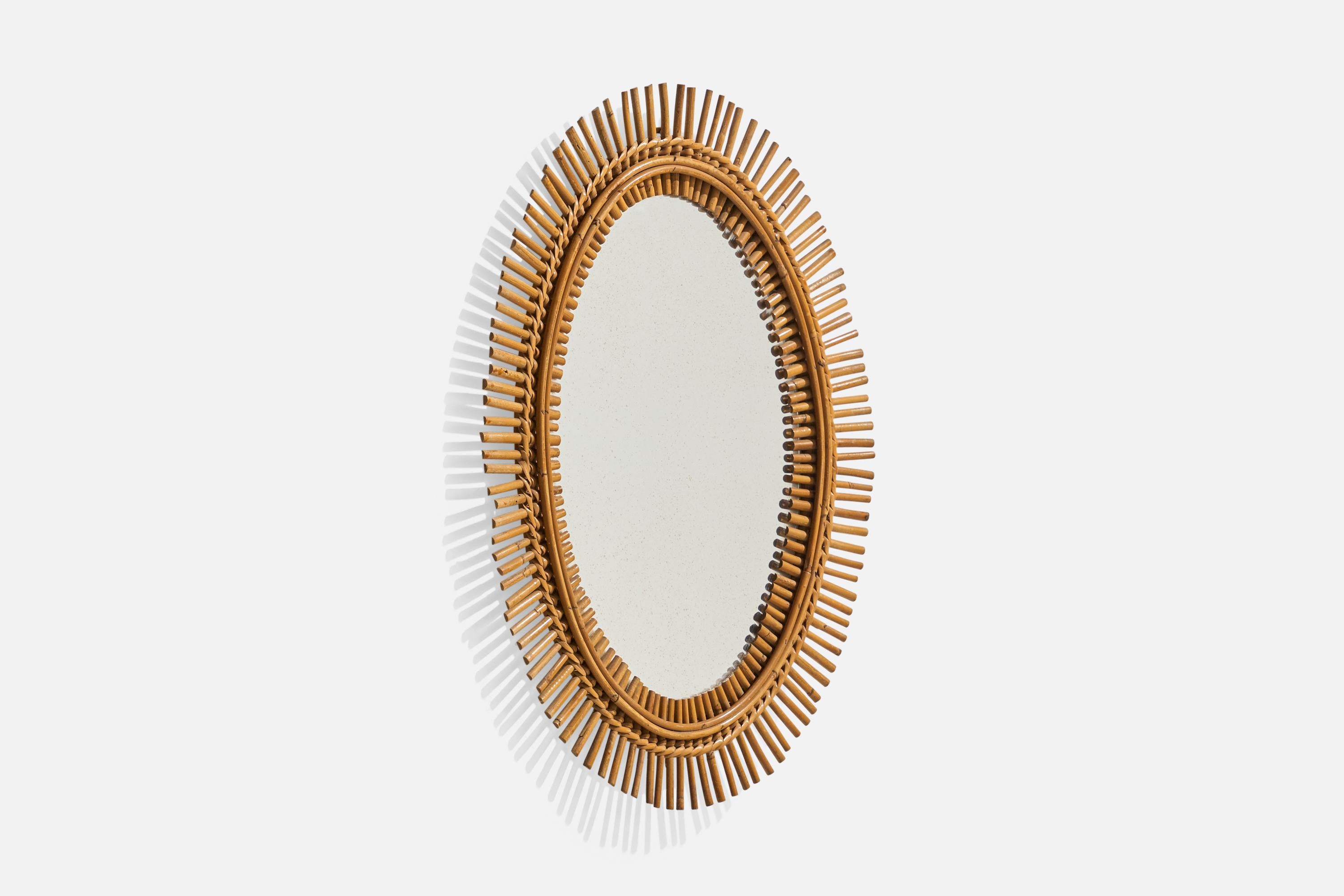 Mid-Century Modern Italian Designer, Oval Wall Mirror, Rattan, Mirror, Italy, C. 1950s For Sale