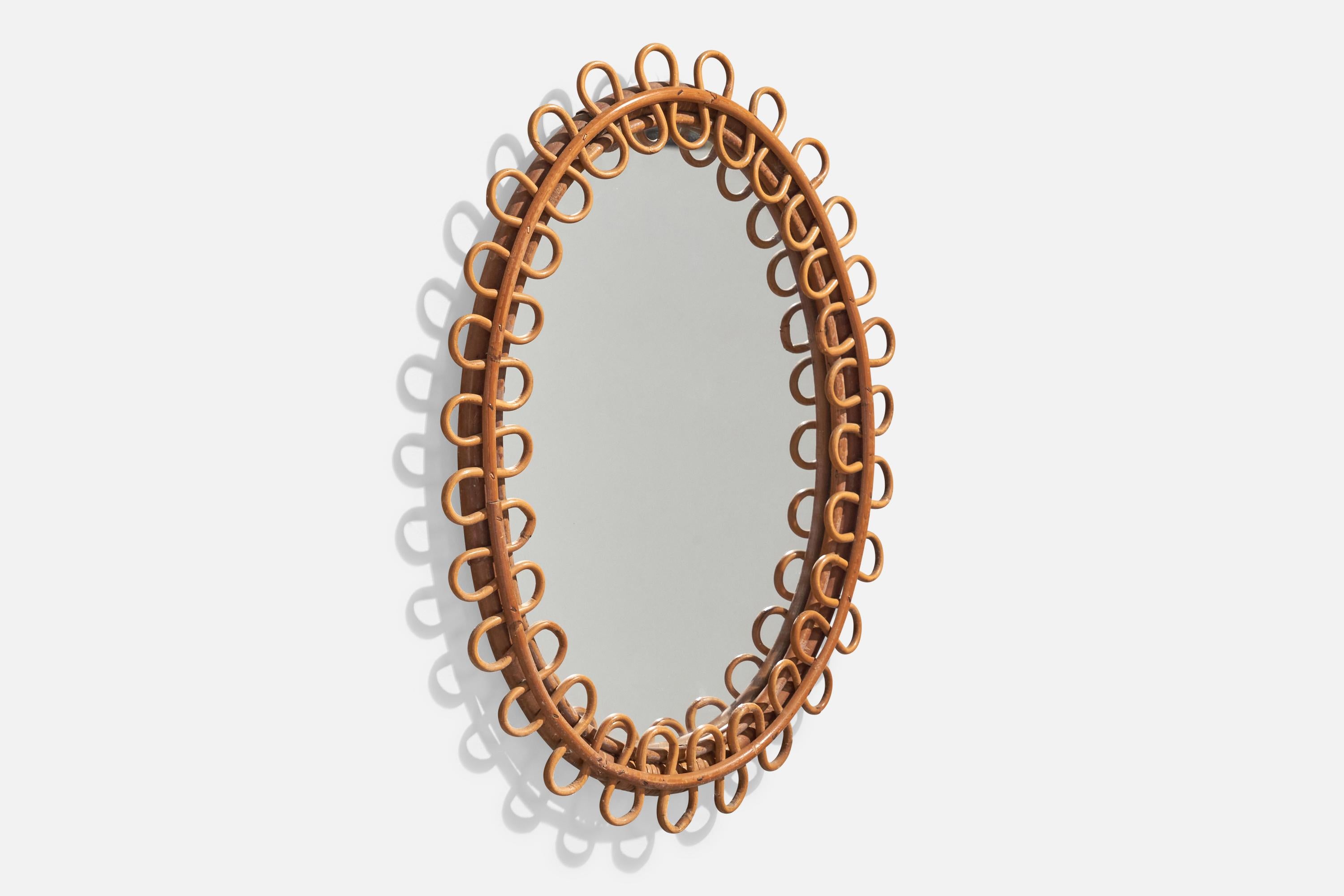 Mid-Century Modern Miroir mural ovale de designer italien, rotin, miroir, Italie, vers les années 1950 en vente
