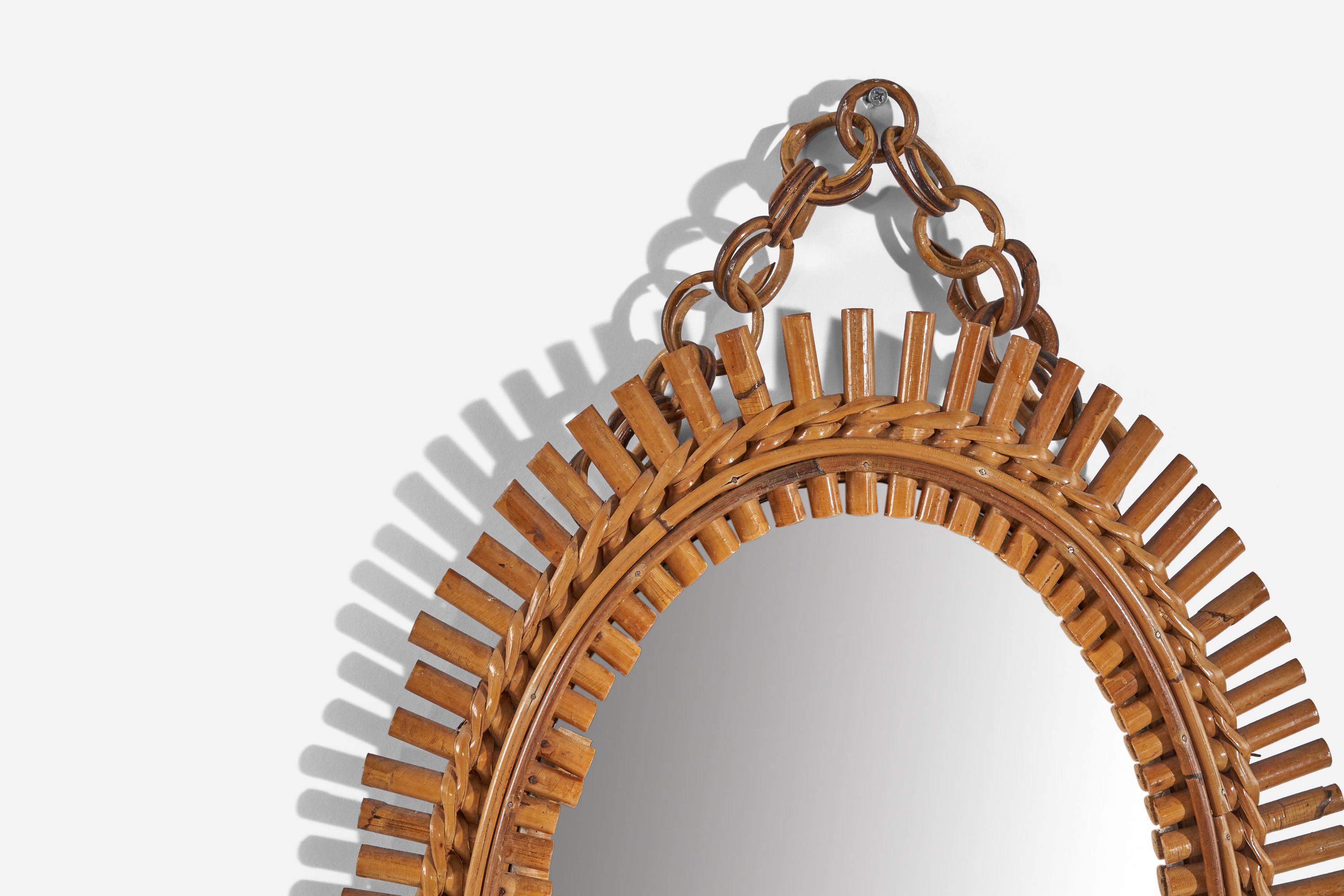 Italian Designer, Oval Wall Mirror, Rattan, Mirror, Italy, C. 1950s In Good Condition For Sale In High Point, NC
