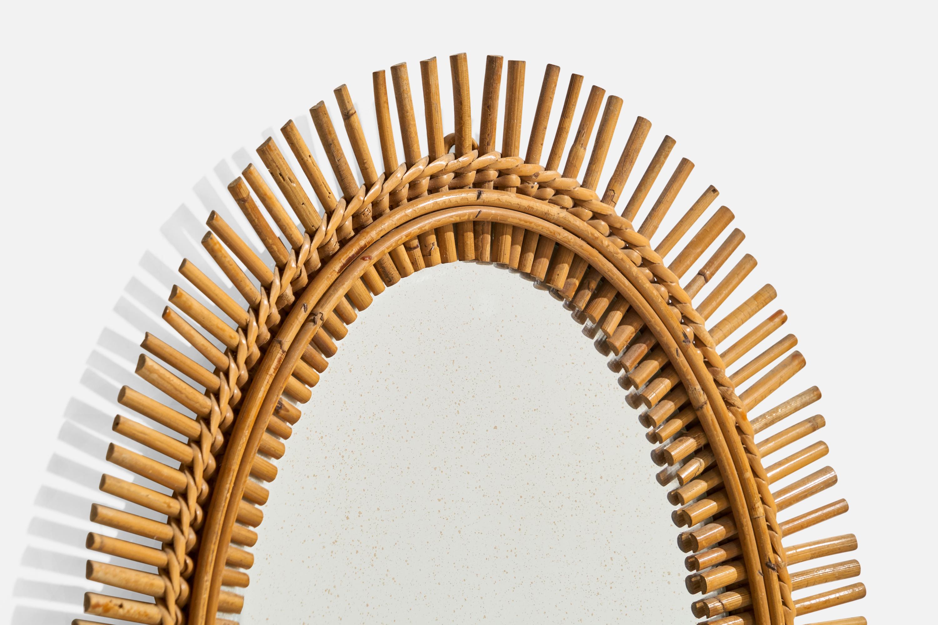 Italian Designer, Oval Wall Mirror, Rattan, Mirror, Italy, C. 1950s In Good Condition For Sale In High Point, NC