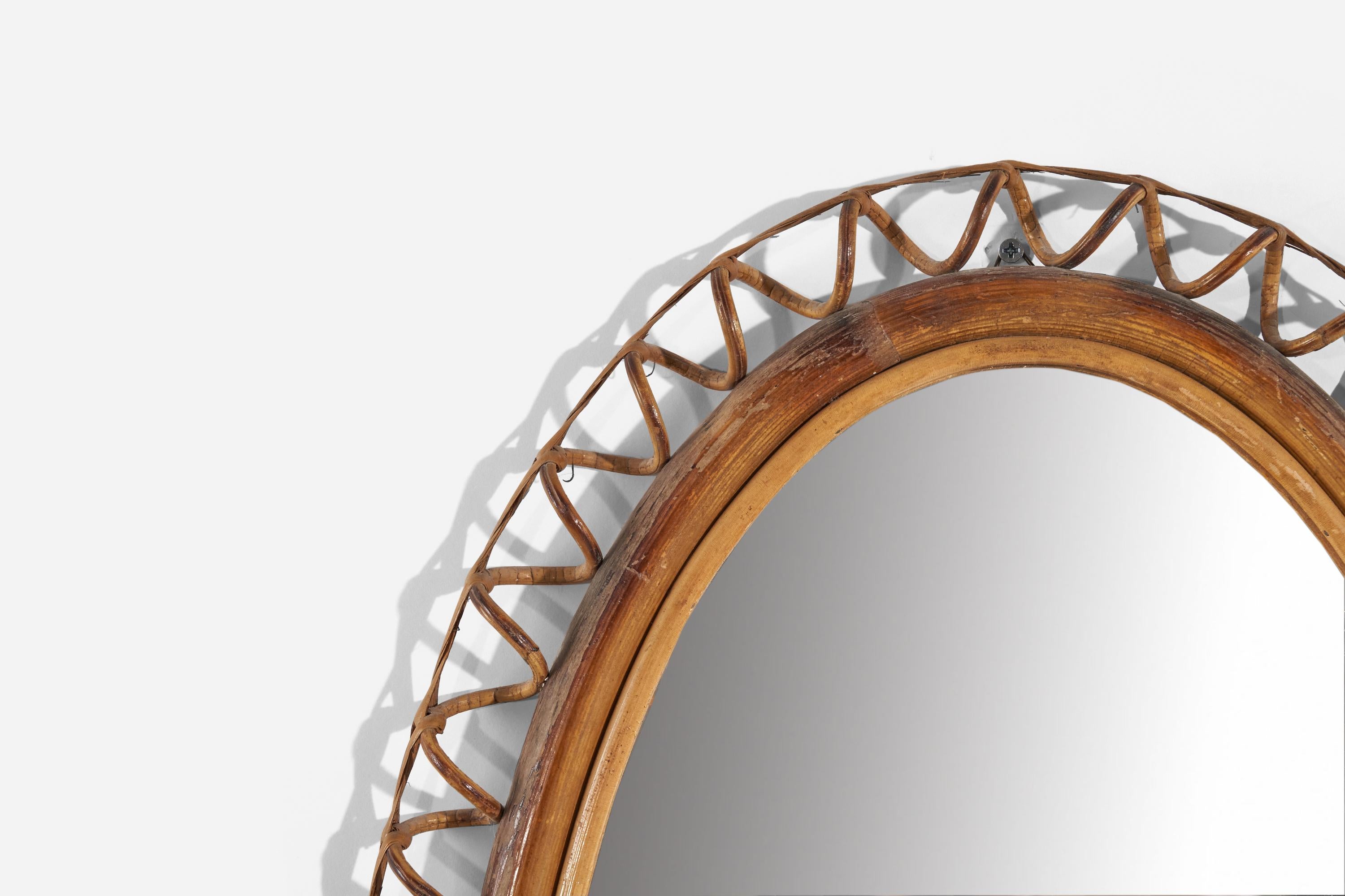 Italian Designer, Oval Wall Mirror, Rattan, Mirror, Italy, c. 1950s In Good Condition For Sale In High Point, NC