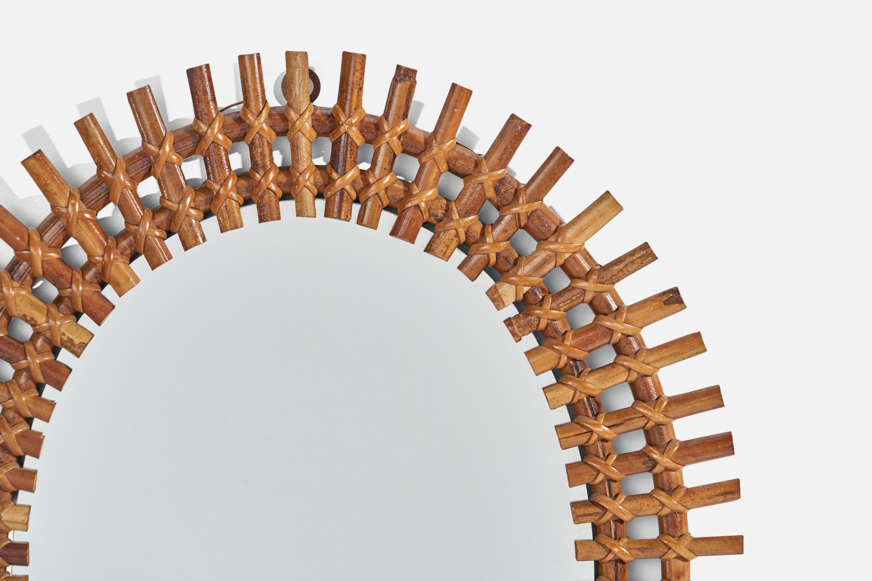 Mid-20th Century Italian Designer, Oval Wall Mirror, Rattan, Mirror, Italy, C. 1950s For Sale