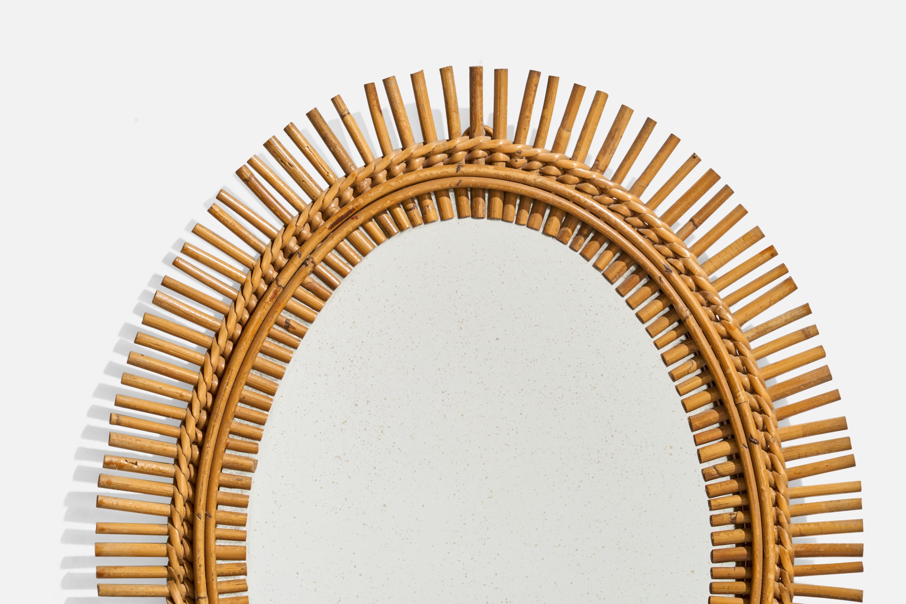 Mid-20th Century Italian Designer, Oval Wall Mirror, Rattan, Mirror, Italy, C. 1950s For Sale