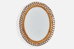 Designer italien, miroir mural ovale, rotin, miroir, Italie, c.C. 1950s