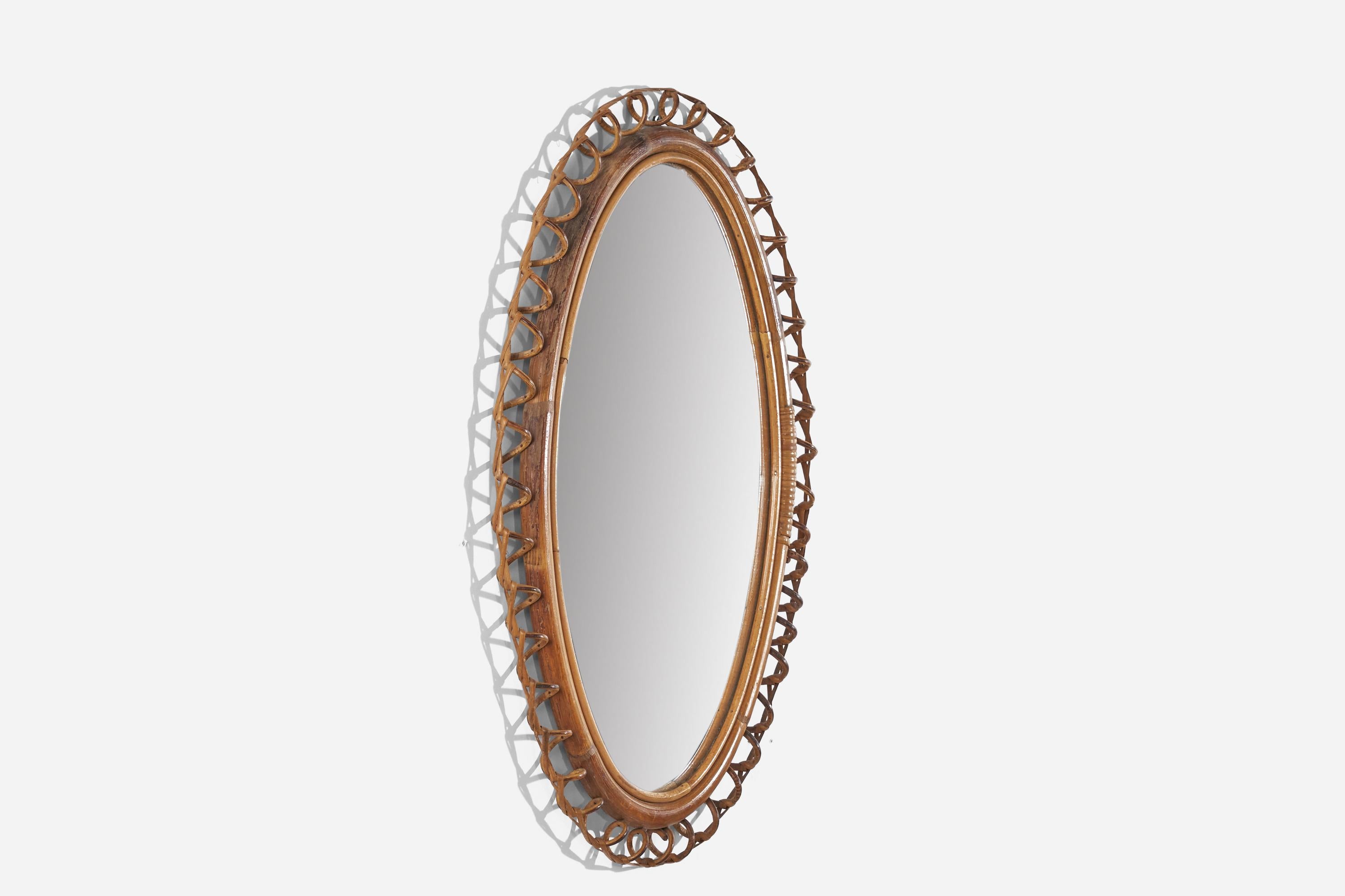 Mid-20th Century Italian Designer, Oval Wall Mirror, Rattan, Mirror, Italy, c. 1950s For Sale