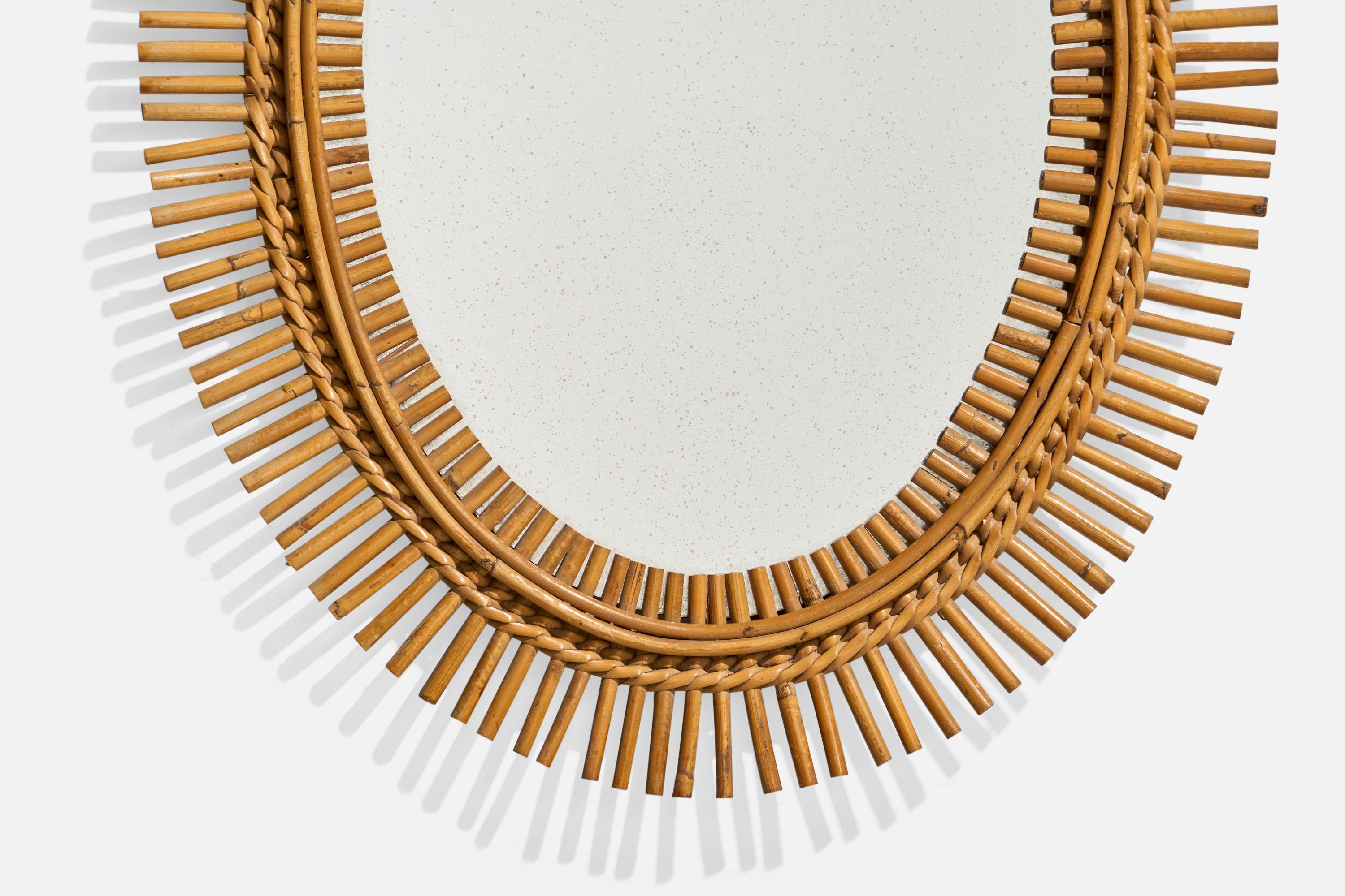 Italian Designer, Oval Wall Mirror, Rattan, Mirror, Italy, C. 1950s For Sale 1