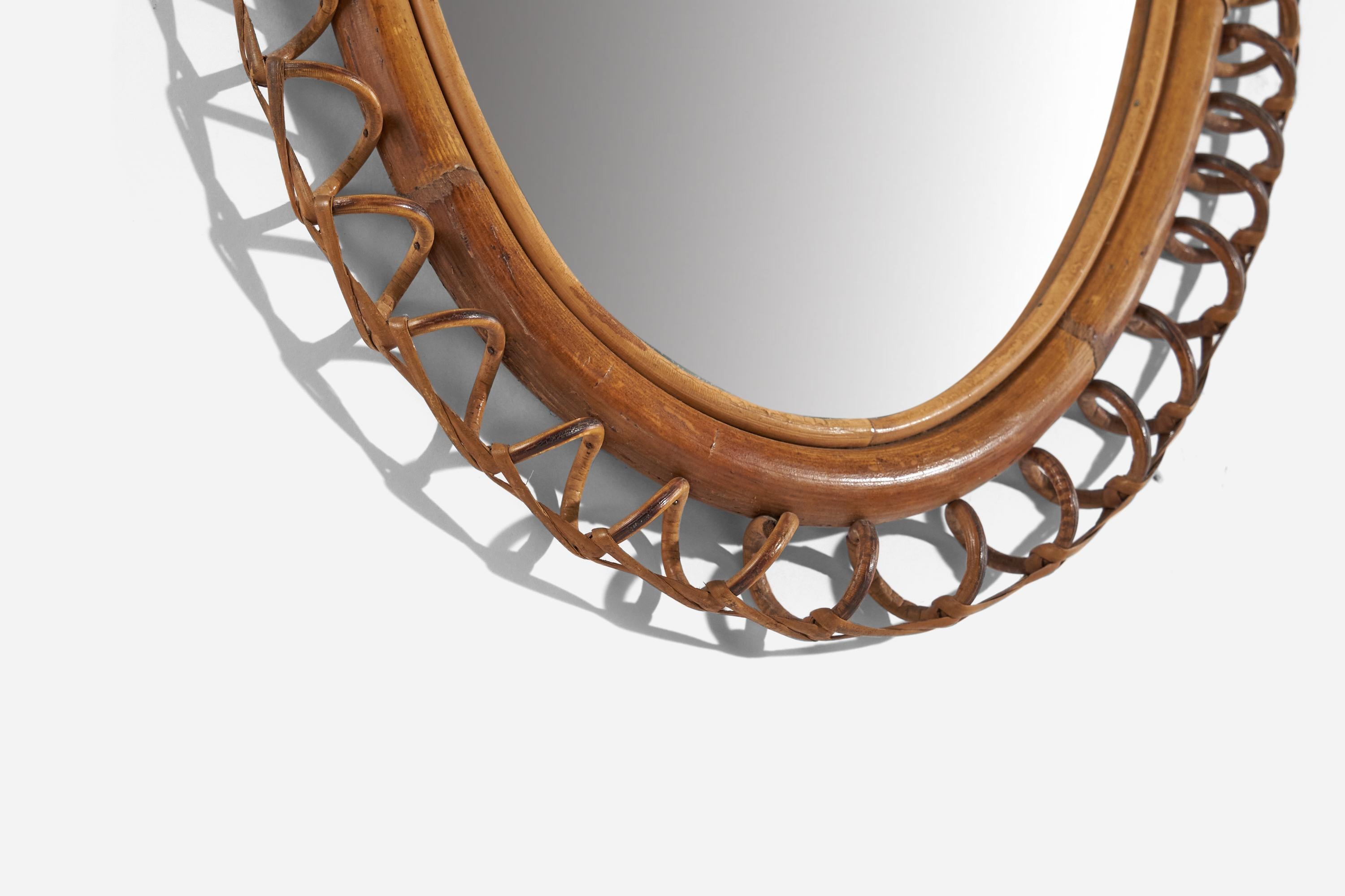 Italian Designer, Oval Wall Mirror, Rattan, Mirror, Italy, c. 1950s For Sale 1