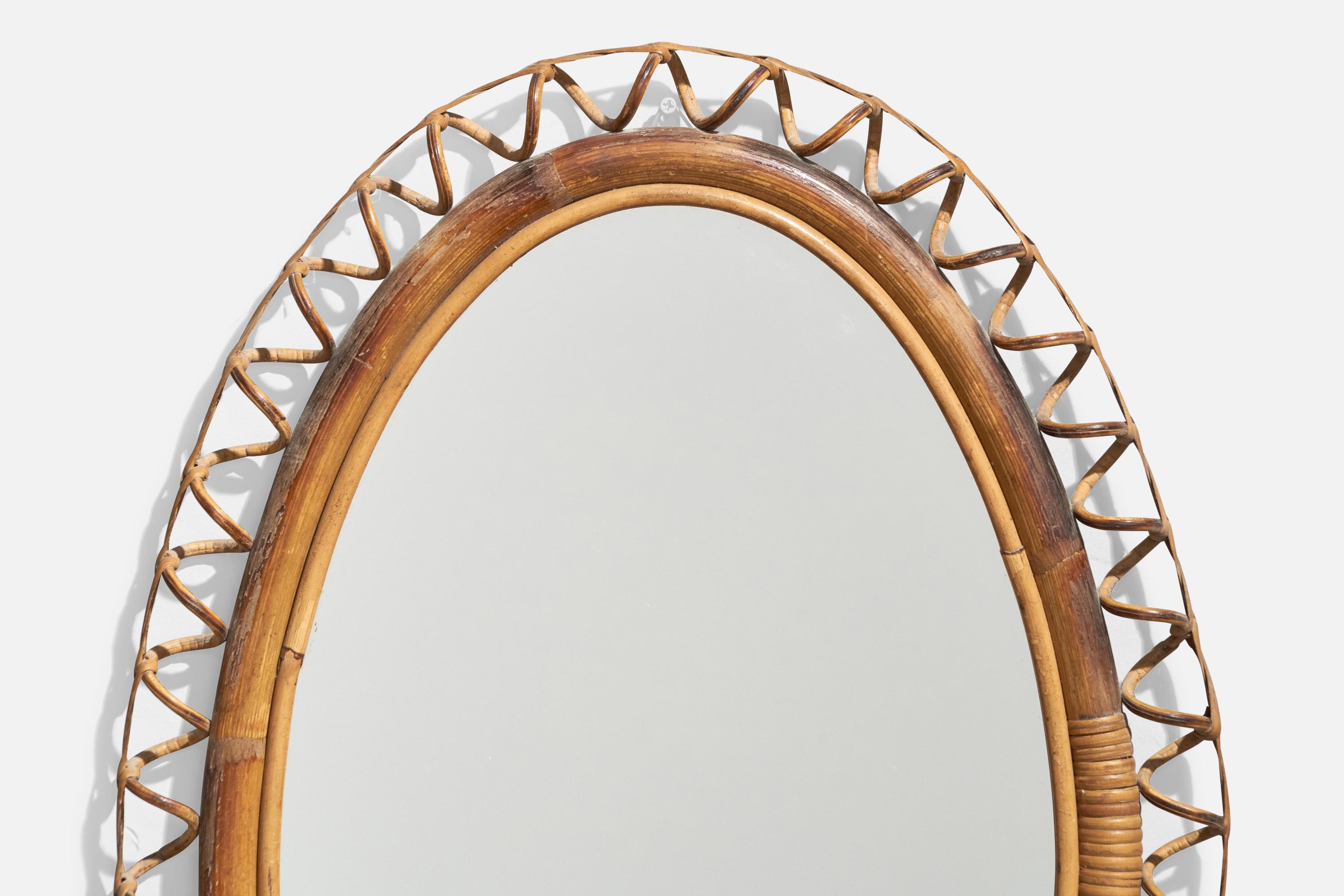 Italienischer Designer, Ovaler Wandspiegel, Rattan, Spiegel, Italien, ca. 1950er Jahre im Angebot 1