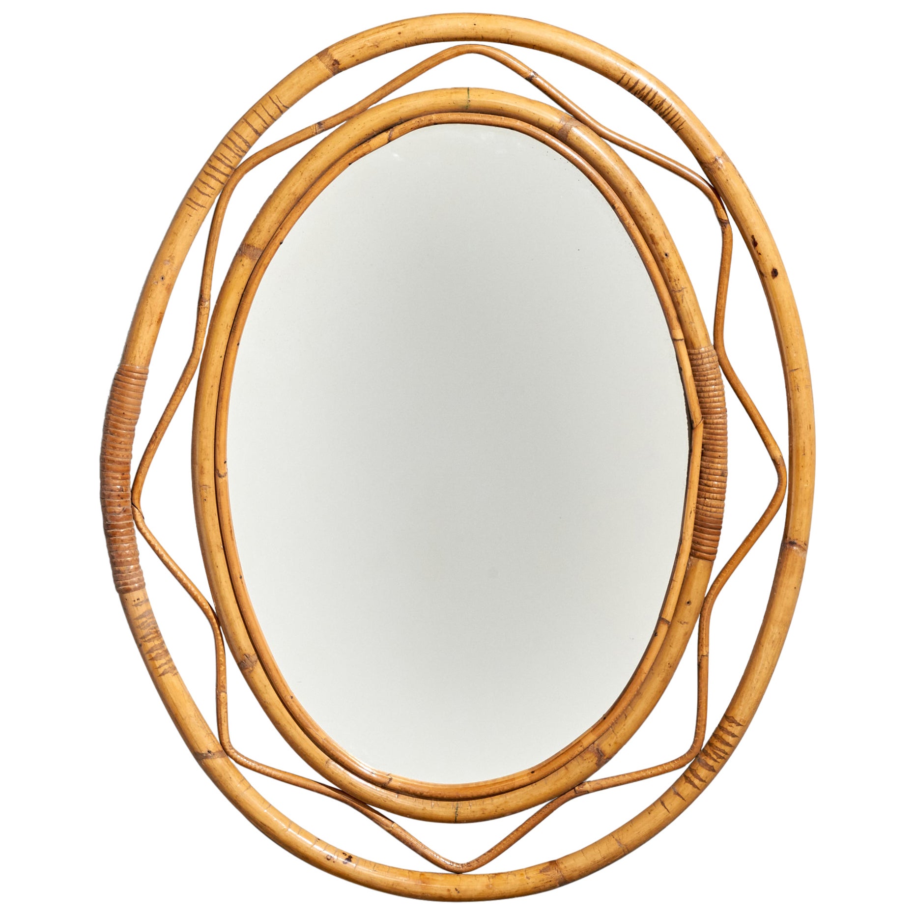 Italian Designer, Oval Wall Mirror, Rattan, Mirror, Italy, c. 1950s