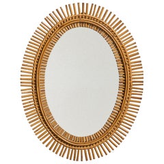 Italian Designer, Oval Wall Mirror, Rattan, Mirror, Italy, C. 1950s