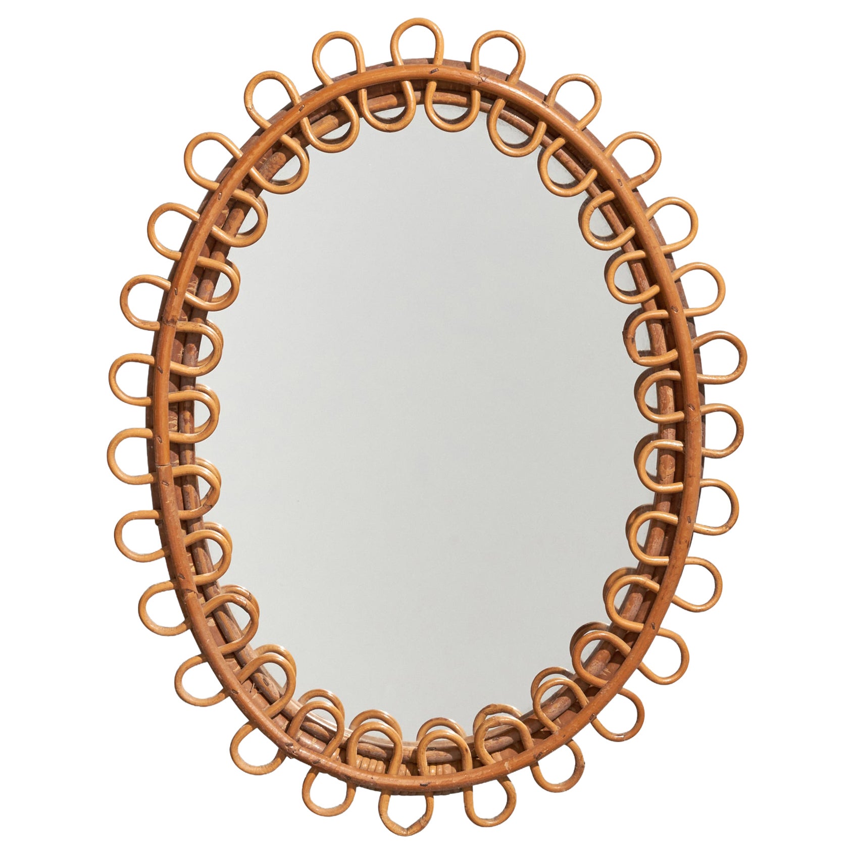 Italian Designer, Oval Wall Mirror, Rattan, Mirror, Italy, c. 1950s