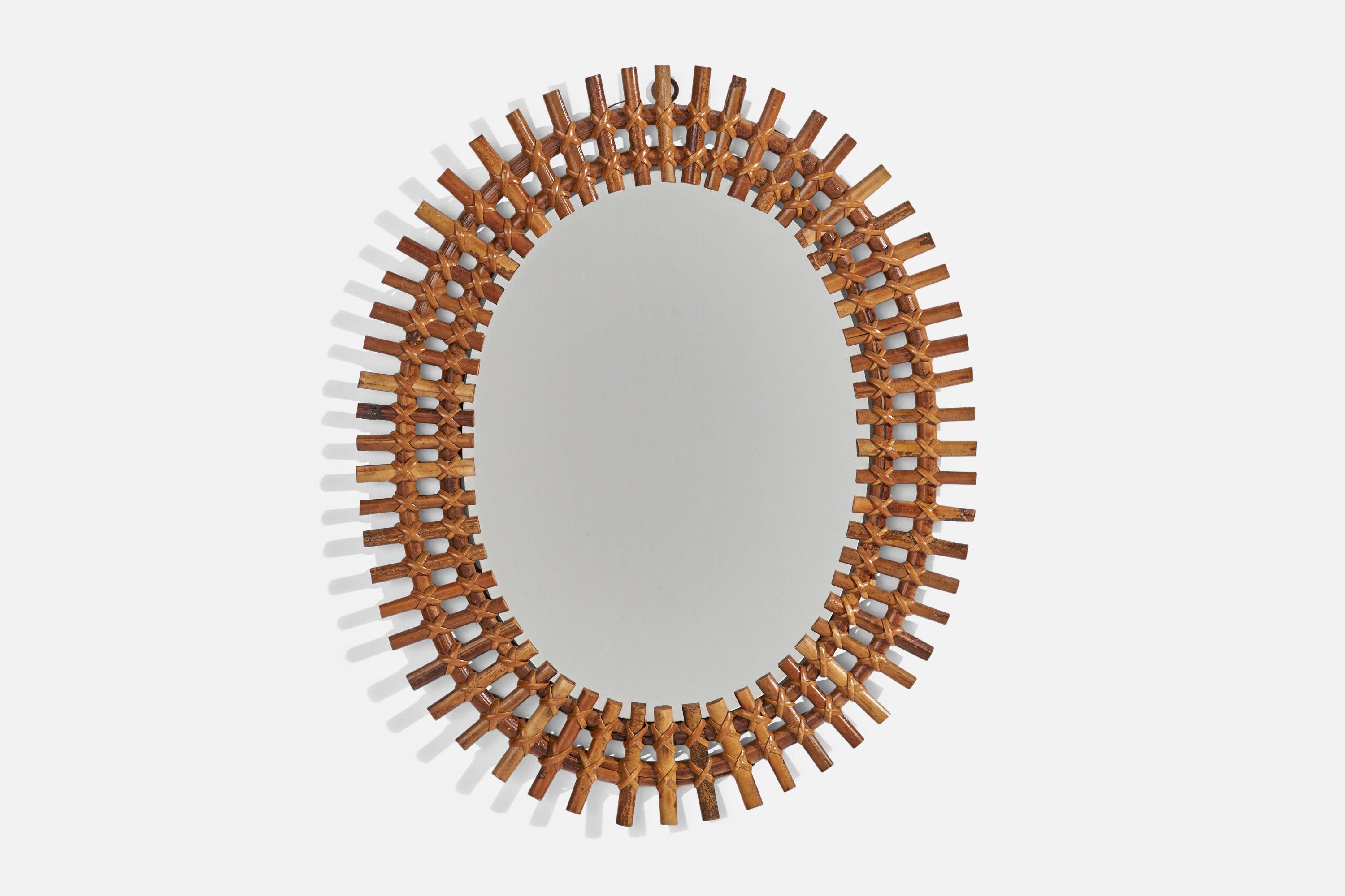 Italian Designer, Oval Wall Mirror, Rattan, Mirror, Italy, C. 1950s