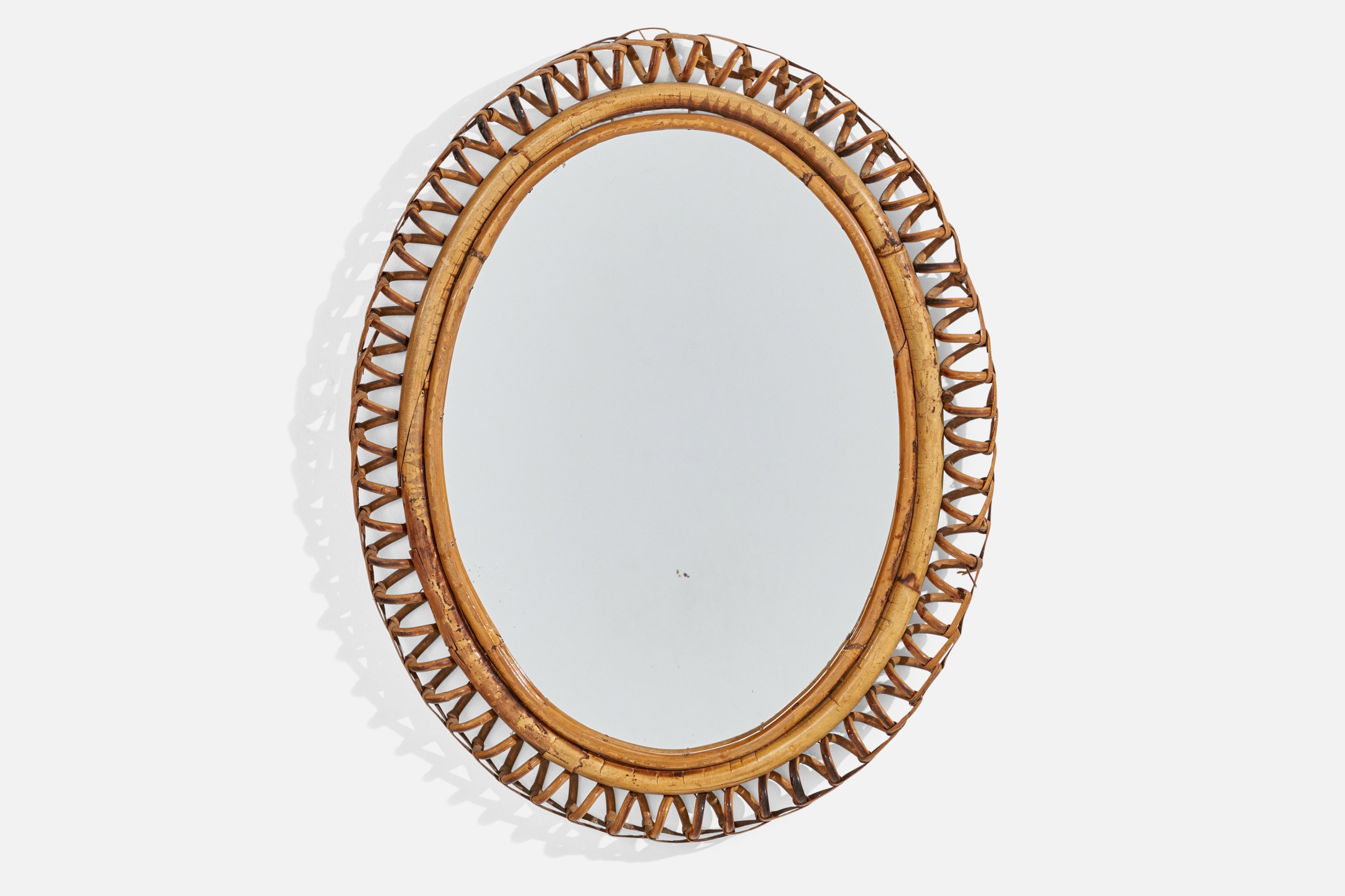 Designer italiano, Specchio da parete ovale, Rattan, Specchio, Italia, 1950 ca.