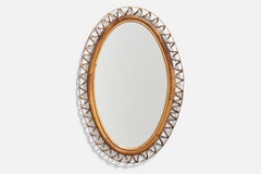 Diseñador italiano, Espejo de pared ovalado, ratán, espejo, Italia, c. 1950