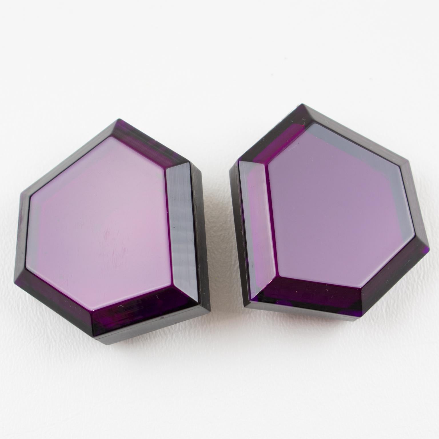 Modernist Italian Designer Oversized Geometric Intense Purple Lucite Clip Earrings