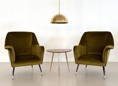 Italian Designer Pair of Armchairs in Green Moss Velvet with Brass Feet, 1950s