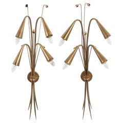 Italian Designer, Pair of Four-Armed Wall Lights, Brass, Italy, 1950s