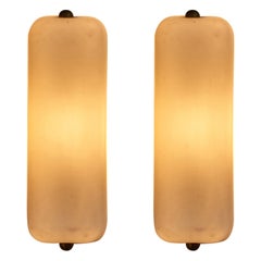Italian Designer, Pair of Wall Lights, Milk Glass, Brass, Italy, 1940s Italian Designer, Pair of Wall Lights, Milk Glass, Brass, Italy, 1940s